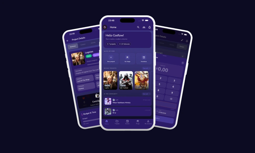 Cosflow app screenshots on mobile and web